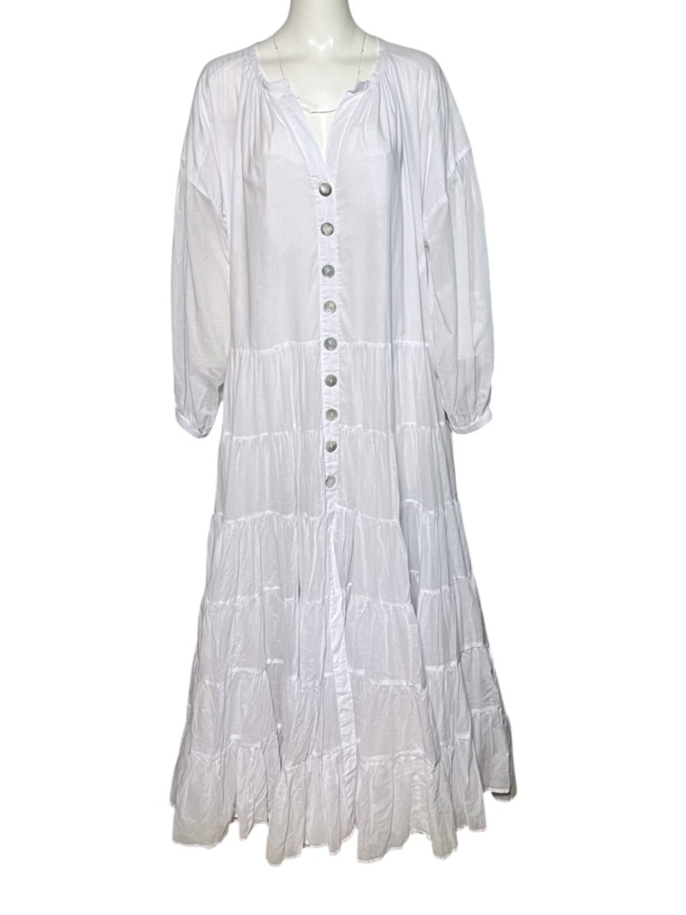 Erika Pena Ella White Tiered Maxi Dress Cotton Voile Button Front Boho OS NWT - Picture 2 of 9